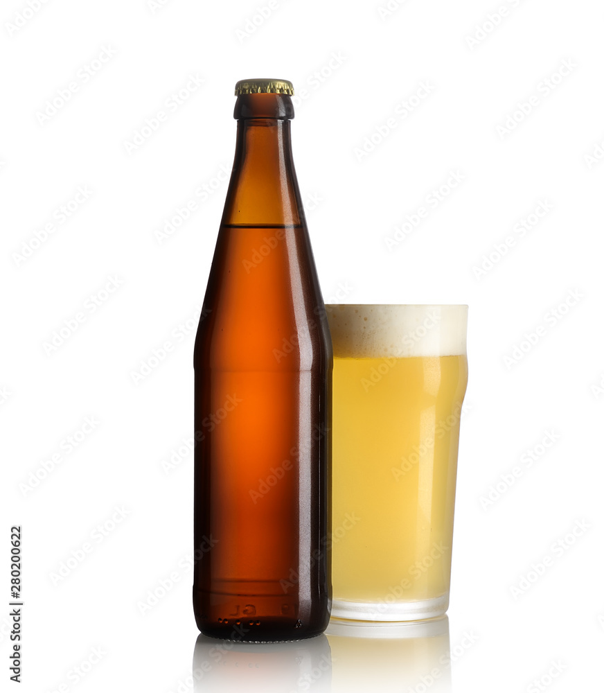 Bottle of beer and a glass on a white background Bottle of beer and a glass on a white background
