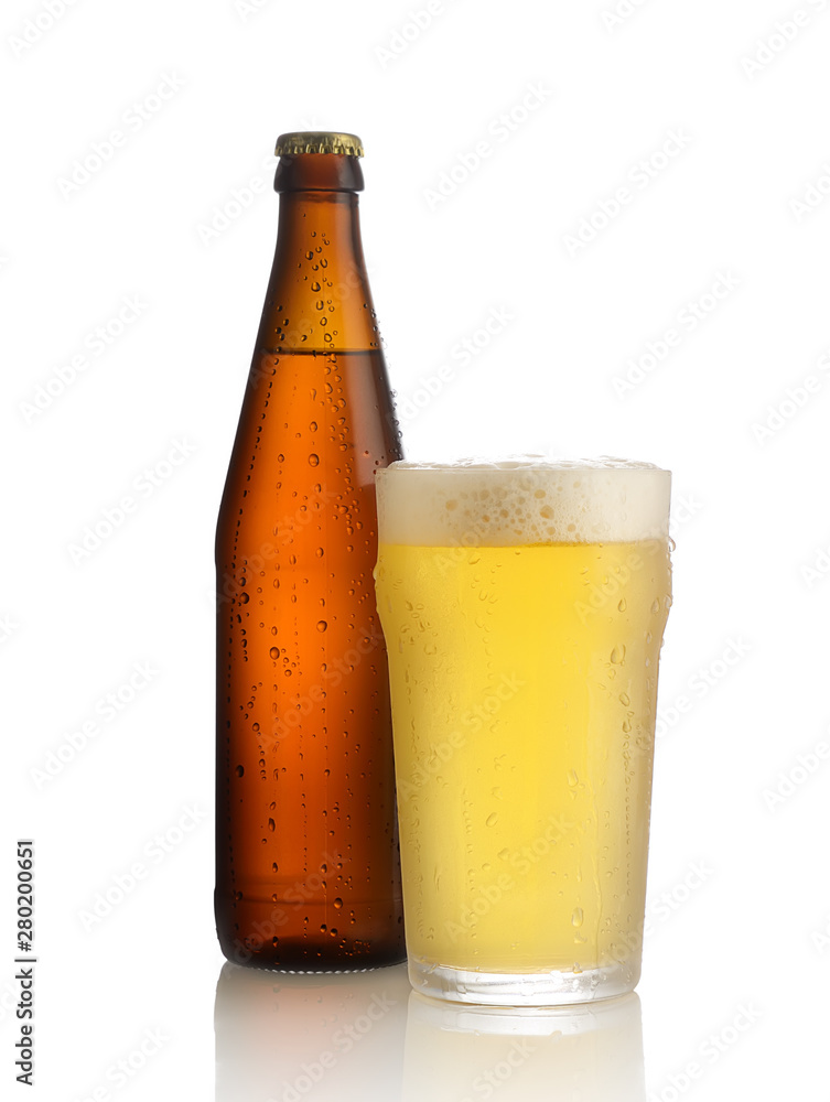 glass of beer and bottle on white background