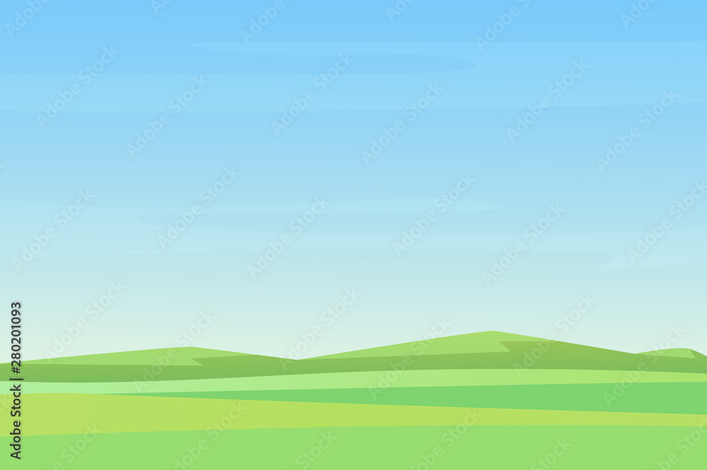 Fully minimalistic simple empty Meadow green fields landscape, great design for any purposes. Cartoon vector illustration.
