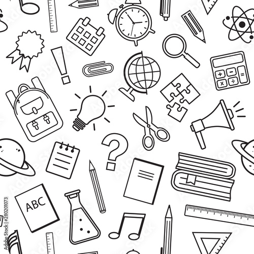 Seamless pattern with school supplies isolated on white background. Black line art. Vector illustration