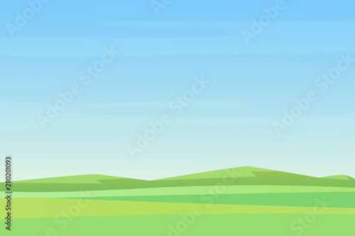 Fully minimalistic simple empty Meadow green fields landscape, great design for any purposes. Cartoon vector illustration.