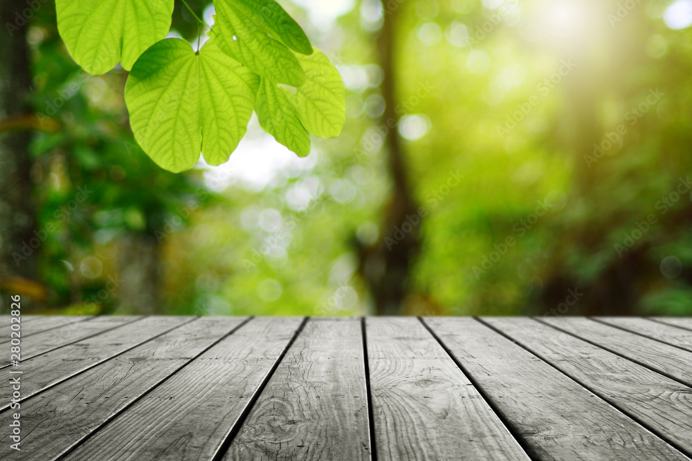 Wooden table and blurred green leaf nature in garden background. Wooden table and blurred green leaf nature in garden background.