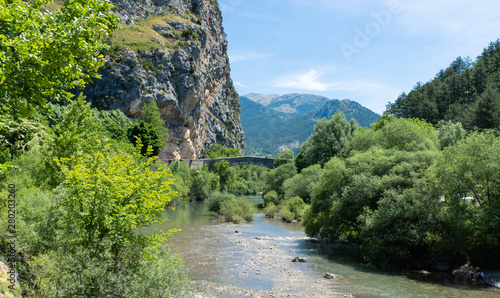 View of the Verdon river, at the beginning of the Verdon Gorges near village Castellane. Alps of Provence. France.