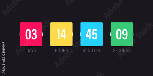 Flip countdown. Clock timer for coming soon or under construction. Time remaining countdown flip board with scoreboard of day, hour, minutes and seconds for web page upcoming event
