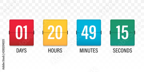 Flip countdown. Clock timer for coming soon or under construction. Time remaining countdown flip board with scoreboard of day, hour, minutes and seconds for web page upcoming event