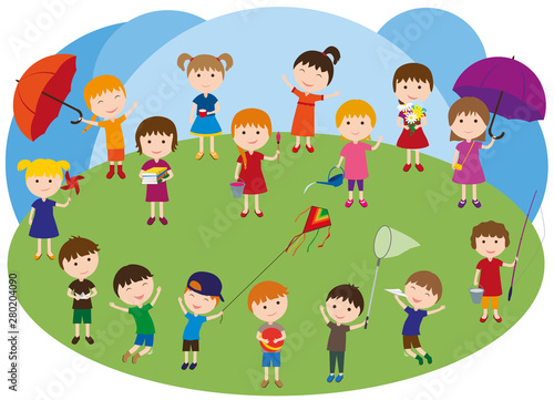 Childhood. Boys and girls with different objects in their hands. Emotions of children.
