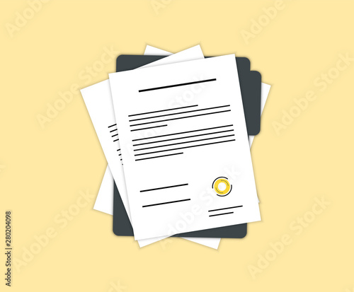 Contract or document signing icon. Document, folder with stamp and text. Contract conditions, research approval validation document. Contract papers. Document. Folder with stamp and text.