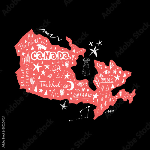 Vector handdrawn stylized map of Canada. Travel doodle illustration with landmarks and animals
