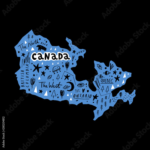 Vector handdrawn stylized map of Canada. Travel doodle illustration with landmarks and animals