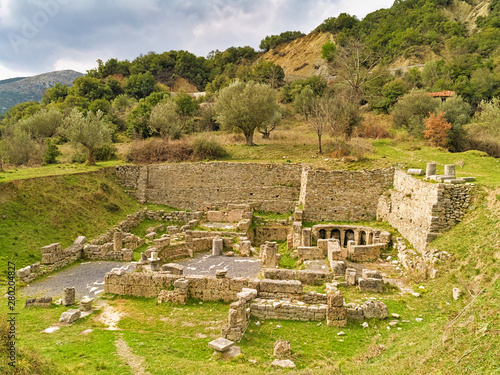 Ancient site of Gortys in Peloponnese Greece near Lousios river under cloudy sky. photo