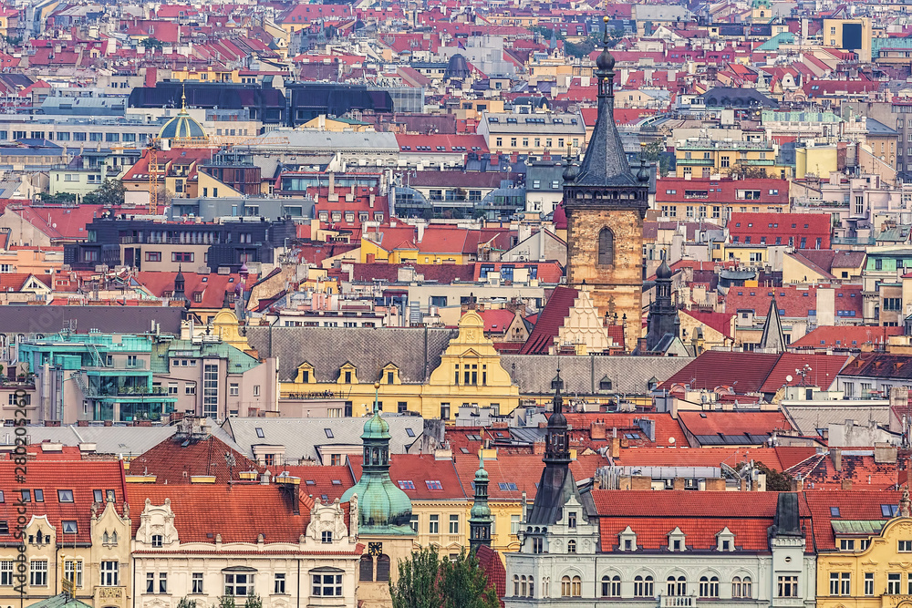 Prague cityscape, roofs and towers, architecture backgroung.