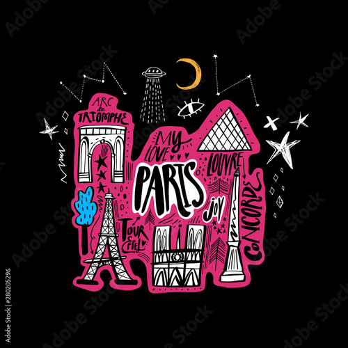 Doodle cartoon handdrawn map of Paris France, vector