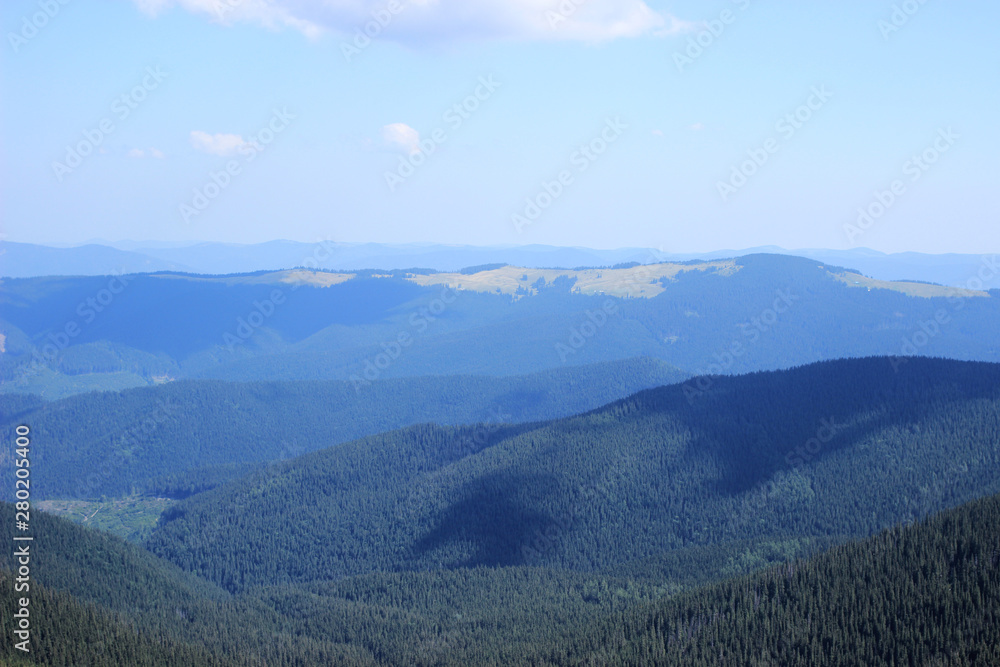 View of the wooded valleys of the Carpathian mountains.