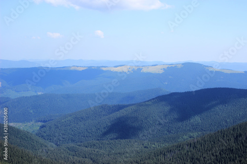 View of the wooded valleys of the Carpathian mountains.