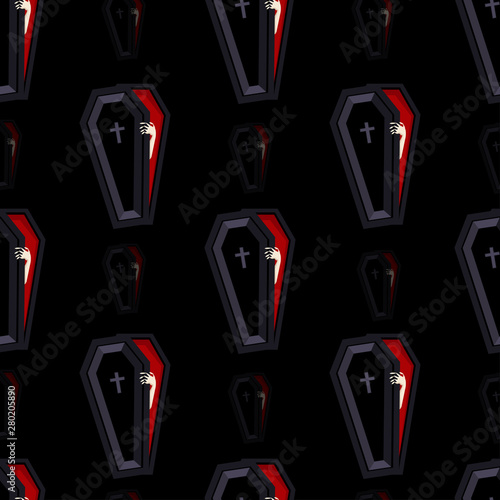 Abstract seamless halloween coffin pattern for girls or boys. Creative vector pattern with coffin, halloween. Funny halloween coffin pattern for textile and fabric. Fashion style. Colorful picture.