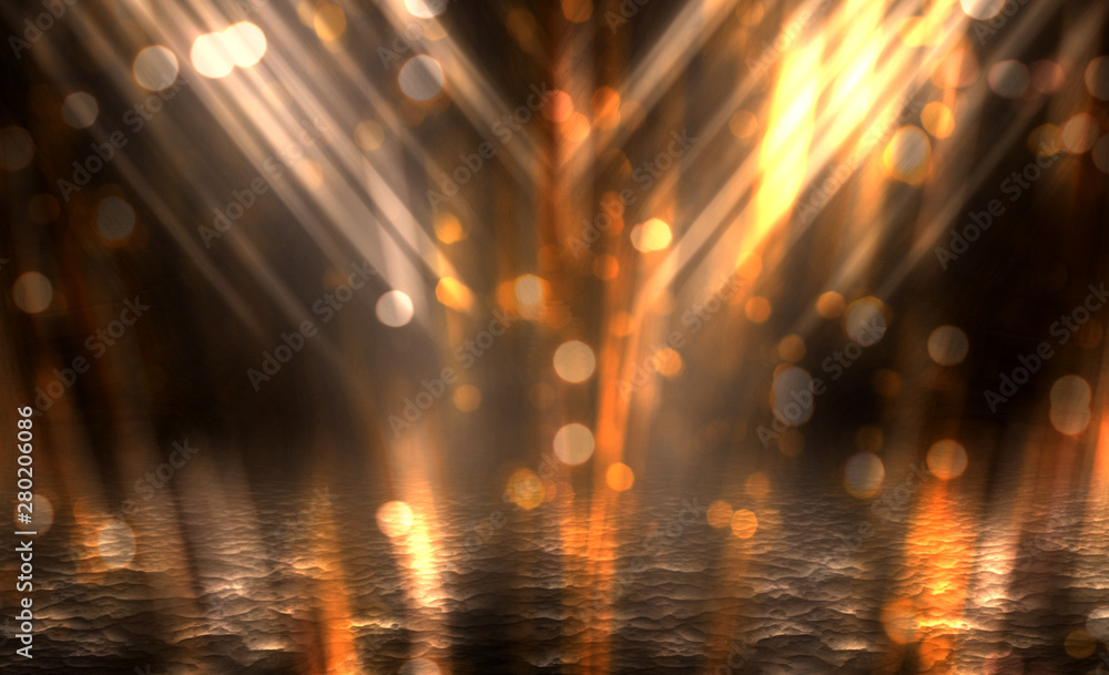 Empty background scene. Golden bokeh, blurred rays. Rays of neon light in the dark, neon figures, smoke. Background of empty stage show. Abstract dark background.