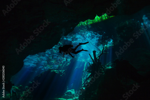 Diving in the cenote underwater cave, Quintana roo