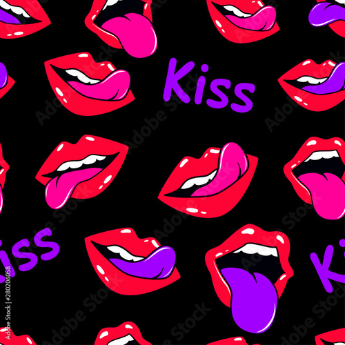 Female lips. Mouth with a kiss  smile  tongue  teeth and kiss me lettering on background. Vector comic seamless pattern in pop art retro style. Abstract seamless pattern for girls  boys  clothes.