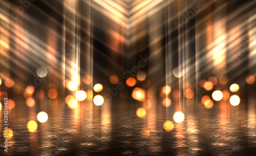 Empty background scene. Golden bokeh, blurred rays. Rays of neon light in the dark, neon figures, smoke. Background of empty stage show. Abstract dark background. © Laura Сrazy
