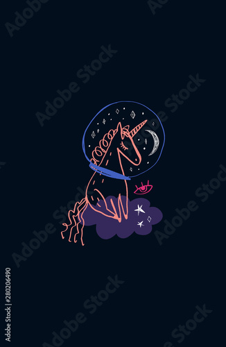 Space unicorn, cloud and stars, hand drawing doodle childish vector