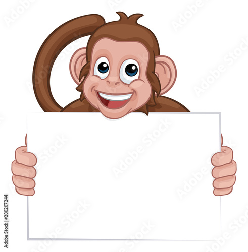 A monkey cute happy cartoon character animal holding a blank sign with copy-space
