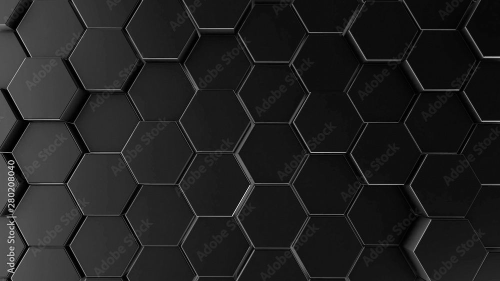 Abstract dark hexagon geometry background. 3d illustration of simple primitives with six angles in front Abstract dark hexagon geometry background. 3d illustration of simple primitives with six angles in front