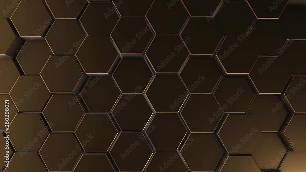 Gold hexagon geometry background. 3d illustration of simple primitives with six angles in front Gold hexagon geometry background. 3d illustration of simple primitives with six angles in front