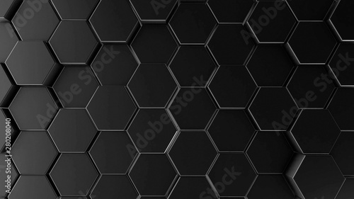 Abstract dark hexagon geometry background. 3d illustration of simple primitives with six angles in front