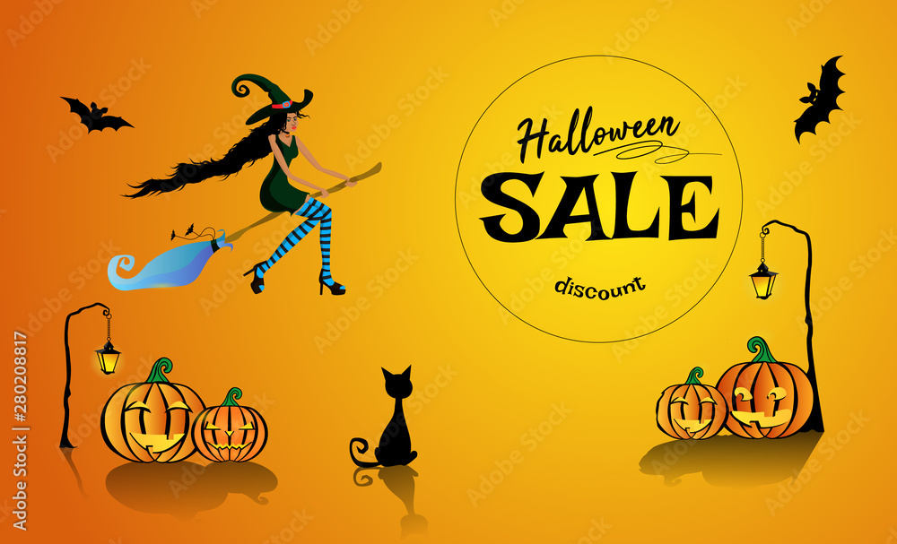Halloween sale on discounts with a beautiful black witch flying on a broomstick. Halloween sale on discounts with a beautiful black witch flying on a broomstick.