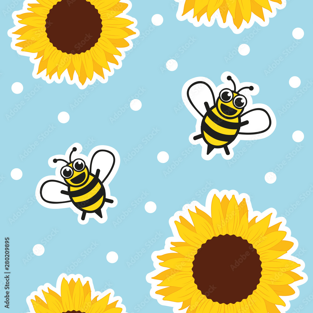 seamless pattern honey bee and sunflower on blue background vector illustration EPS10