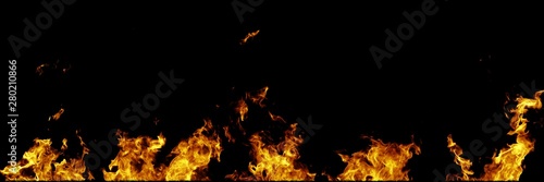 Real fire flames isolated on black background. Mockup on black of 5 flames.