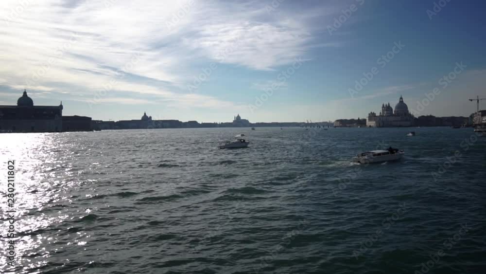 Boats in Front of Grand Canal With Splendid View of Venice Lagoon Waterfront Boats in Front of Grand Canal With Splendid View of Venice Lagoon Waterfront
