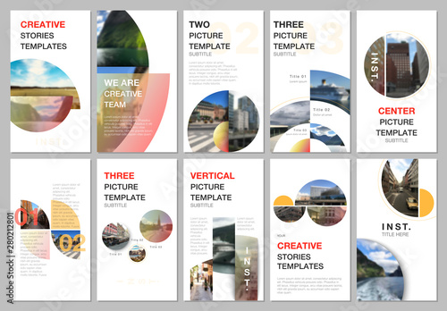 Creative social networks stories design, vertical banner or flyer templates with with circle elements, round shapes. Covers design templates for flyer, leaflet, brochure, presentation, advertising.