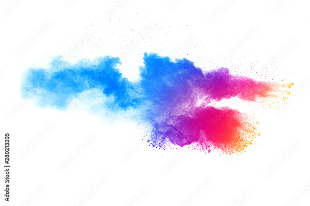 The explosion of colorful holi powder. The cloud of glowing color powder on white background.