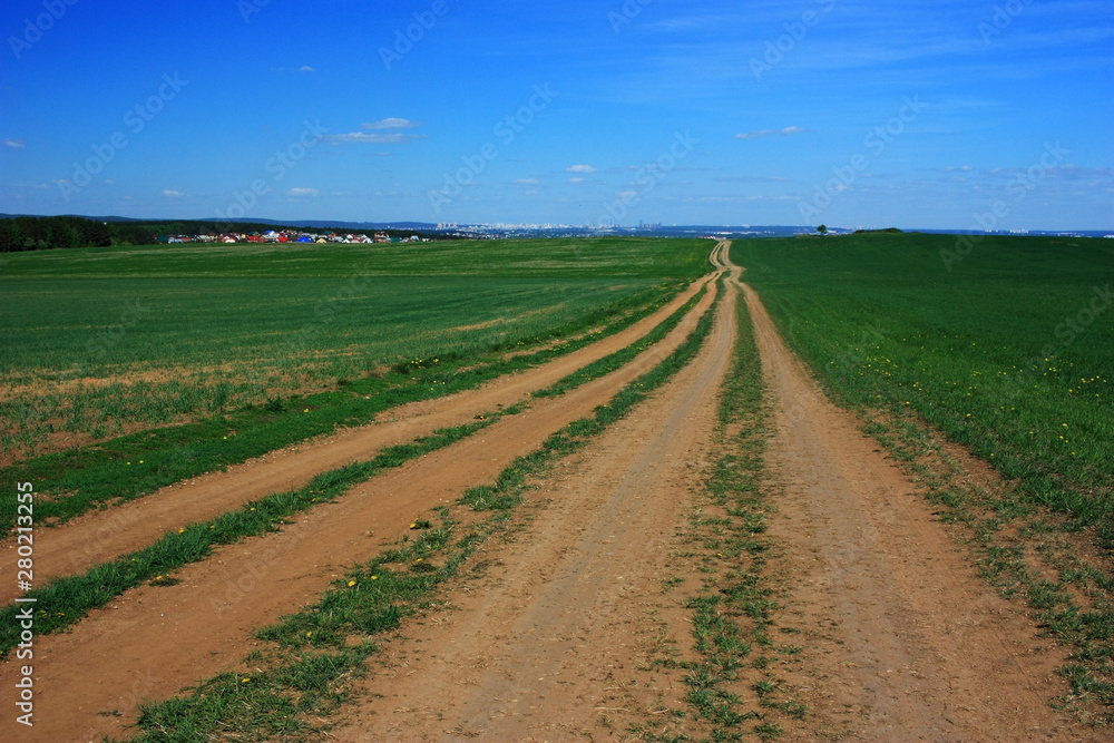 Empty dirt country road in a green field