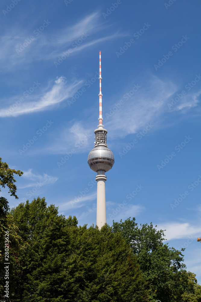 Fototapeta premium Fernsehturm und grüner Baum in Berlin