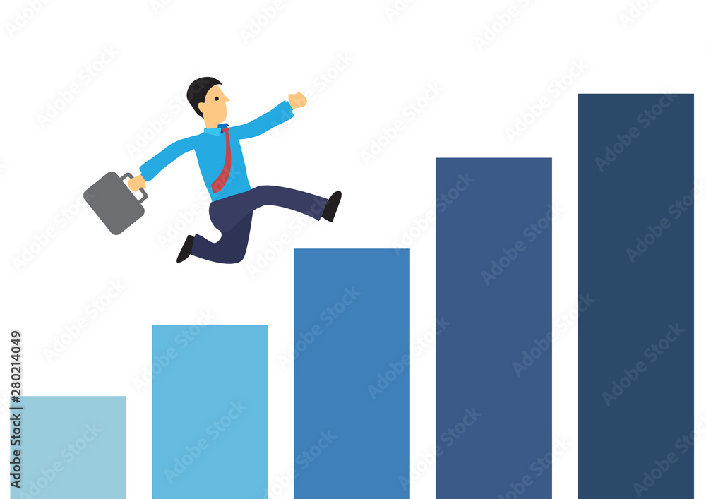 Businessman jumping on top of the increasing growth of the graph; Concept of growth and successful. Businessman jumping on top of the increasing growth of the graph; Concept of growth and successful.