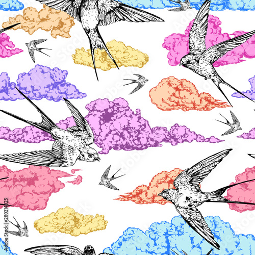 Decorative vector hand drawn vintage  seamless colorful pattern with flying swallows photo