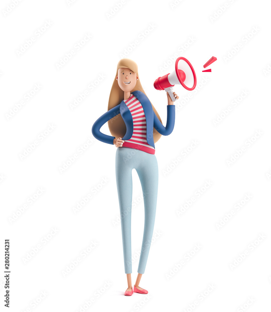3d illustration. Young business woman Emma standing with speaker on a white background. 3d illustration. Young business woman Emma standing with speaker on a white background.