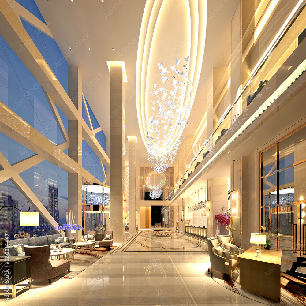High ceiling hotel lobby with panoramic windows. 3D render Stock ...