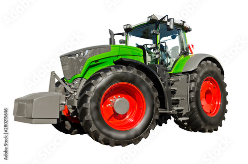 Big green agricultural tractor isolated on a white background