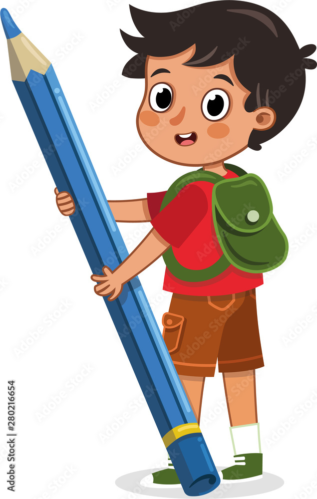 School boy at work with her giant pencil. Vector illustration. Stock ...