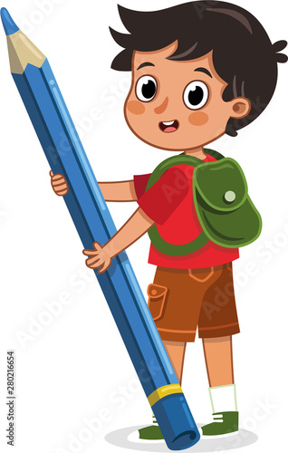 School boy at work with her giant pencil. Vector illustration.