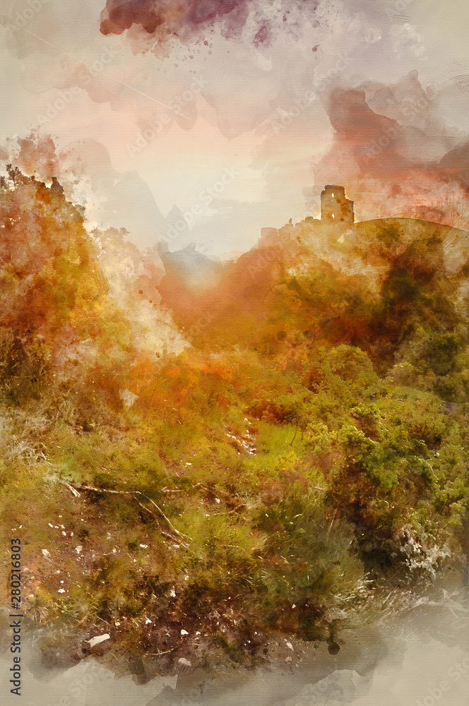 Fototapeta premium Digital watercolour painting of Romantic fantasy magical castle ruins against stunning vibrant sunrise