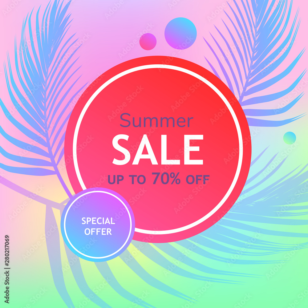 Summer sale banner design tropical leaves background