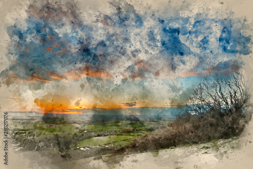 Digital watercolour painting of Beautiful landscape image of sunset over countryside landscape in England