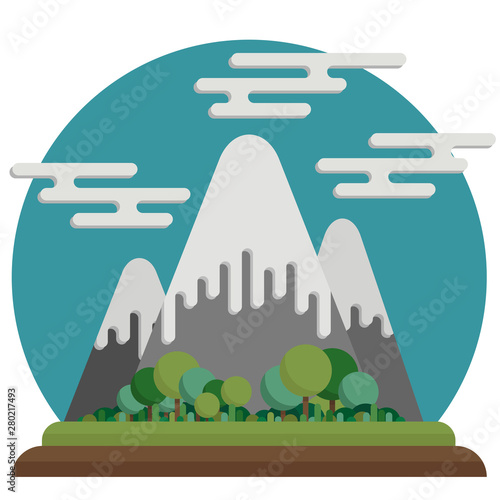 Funny cartoon mountains with round peaks and snow caps. Oblaka in the sky. Flat kind calm landscape. Forest at the foot of the mountains. photo