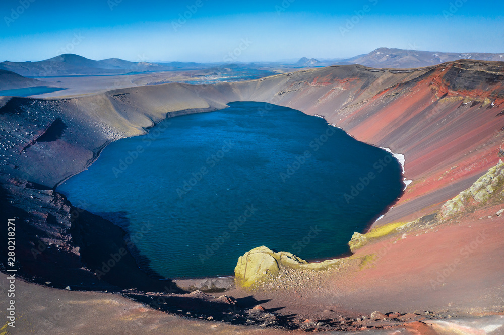 Ljótipollur Volcano Crater Lake in Iceland.Picture made by drone from above