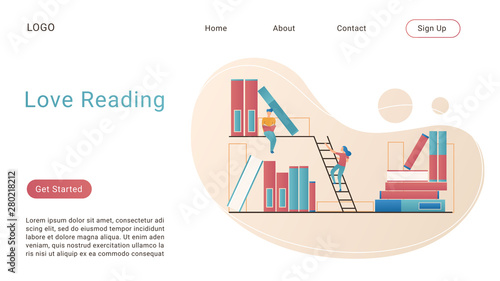 Love reading landing page isometric vector template. Education, study and literature 3d concept. Book reading and information search. Hobby, leisure time. Library and bookstore website homepage layout