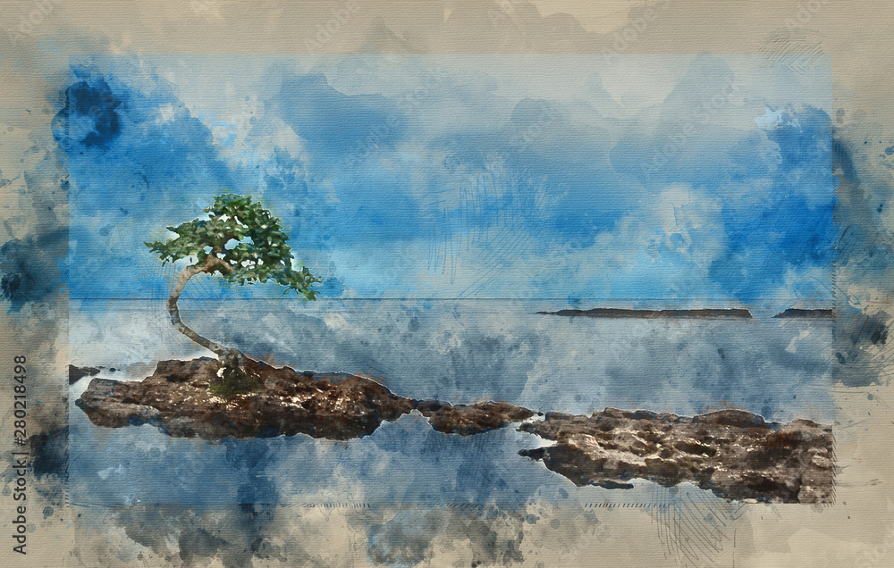 Digital watercolour painting of Moody dramatic seascape Digital watercolour painting of Moody dramatic seascape
